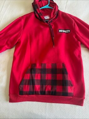 Men's Turtleneck Sweater Hoodie in Red with Plaid Pocket - RESPECT